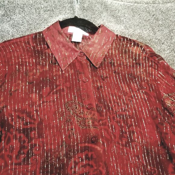 Drapers Damons Top PL Petite Silk Sheer Red Paisley Metallic Striped Whimsigoth - Picture 4 of 11